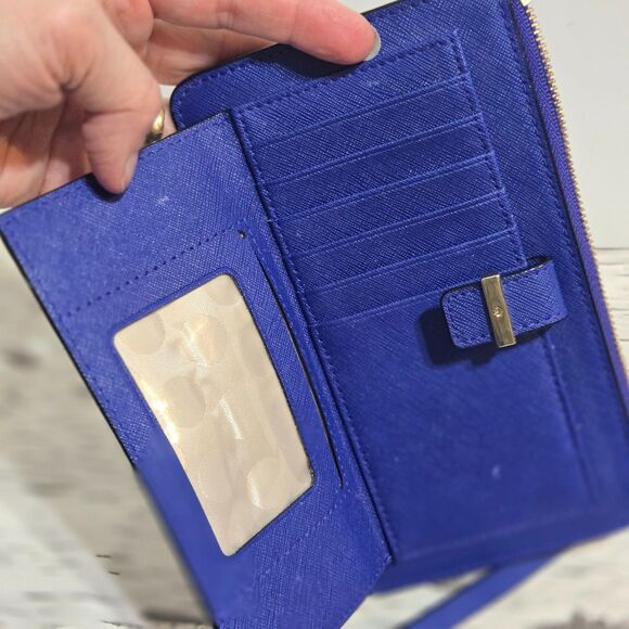 Kate Spade Cedar Street Karolina Leather Wristlet Card Wallet Cobalt Blue Gold - Picture 3 of 10